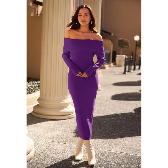 Merokeety Women's Darkpurple Off Shoulder Long Sleeve Elegant Bodycon Midi Dress - Picture 9 of 9